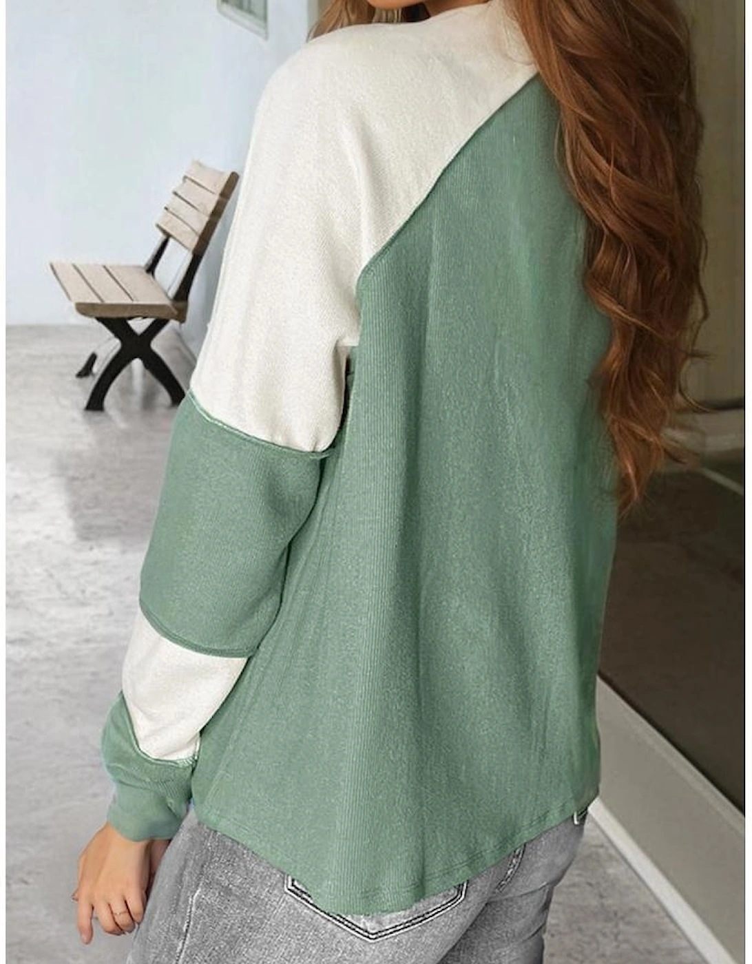 Mint Green Ribbed Colorblock Patchwork Raglan Long Sleeve Top