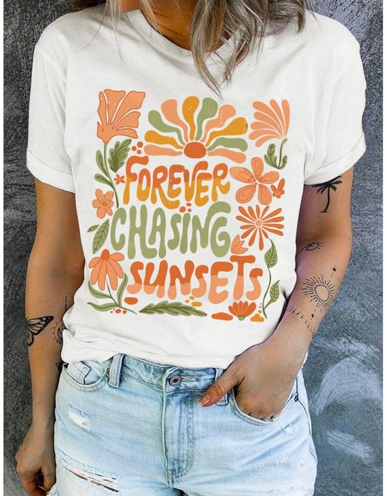 White FOREVER CHASING SUNSETS Floral Print T Shirt