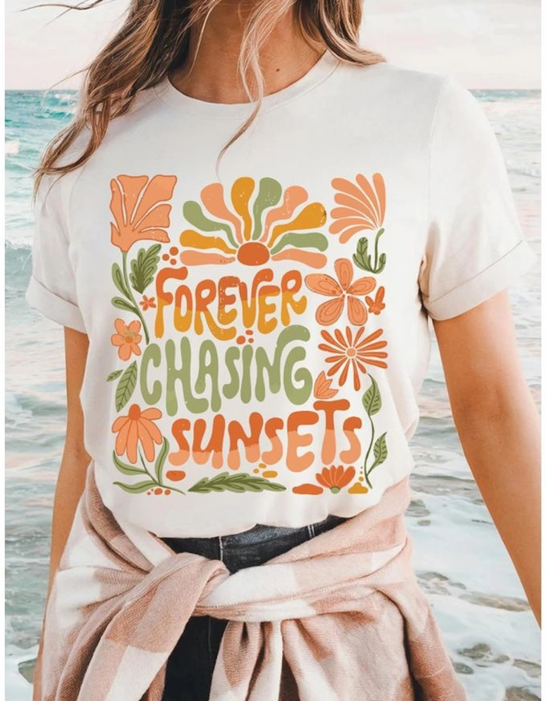 White FOREVER CHASING SUNSETS Floral Print T Shirt
