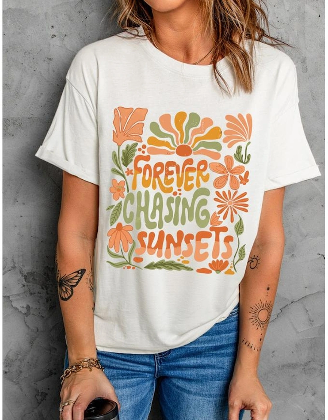 White FOREVER CHASING SUNSETS Floral Print T Shirt