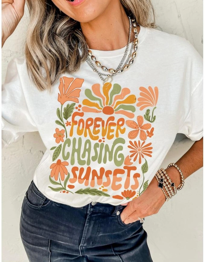 White FOREVER CHASING SUNSETS Floral Print T Shirt