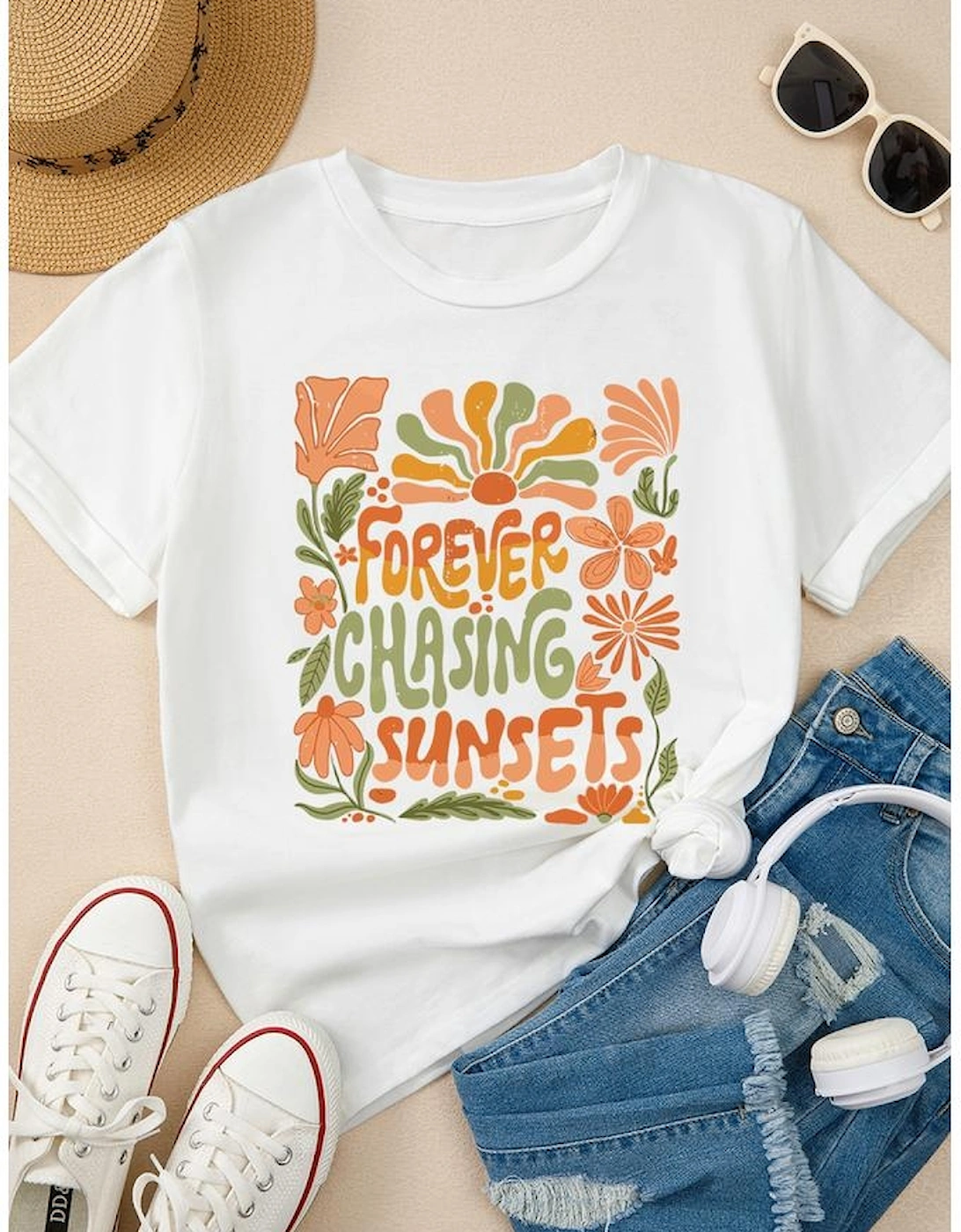 White FOREVER CHASING SUNSETS Floral Print T Shirt, 9 of 8