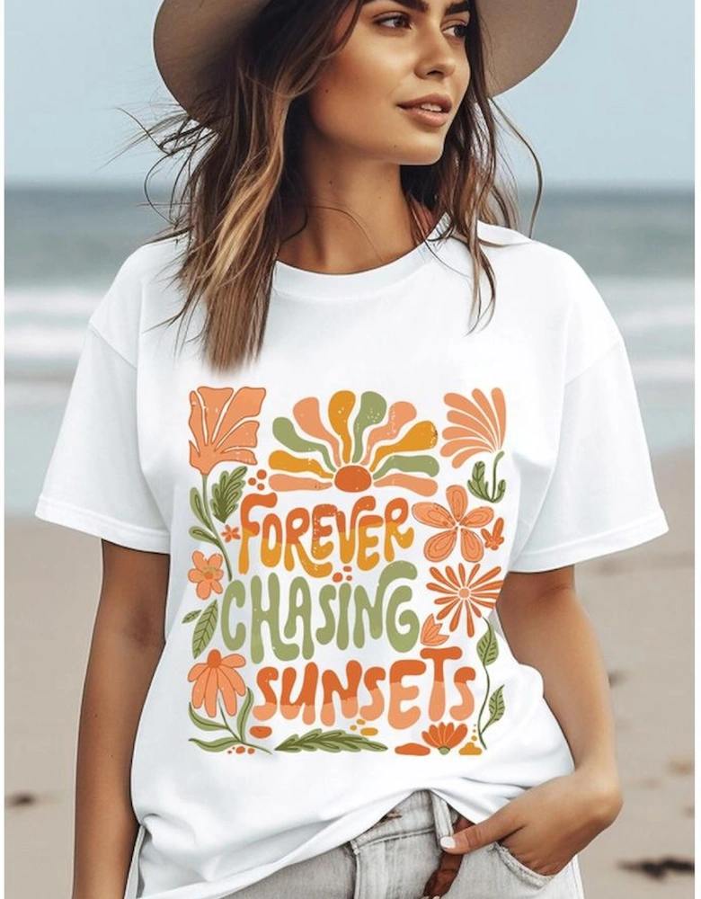 White FOREVER CHASING SUNSETS Floral Print T Shirt