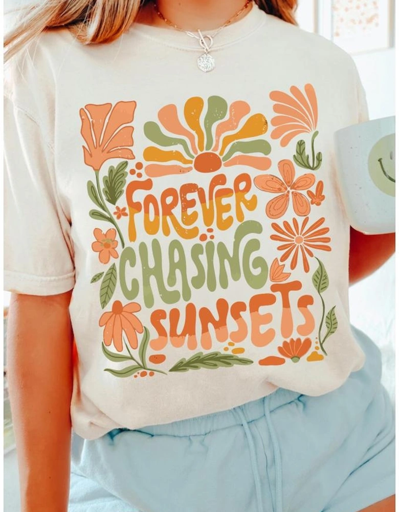 White FOREVER CHASING SUNSETS Floral Print T Shirt
