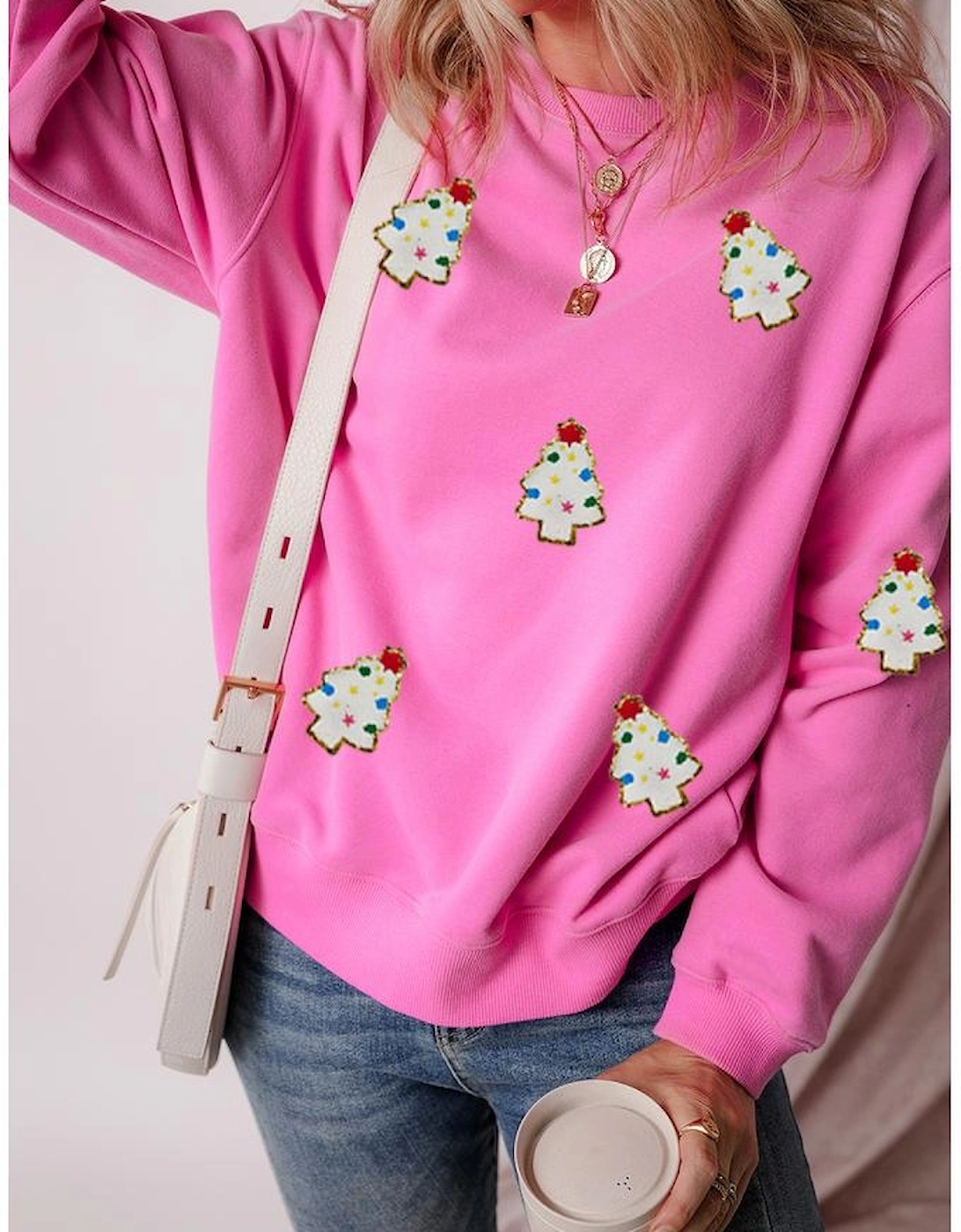 Bonbon Christmas Tree Patch Pattern Crew Neck Sweatshirt