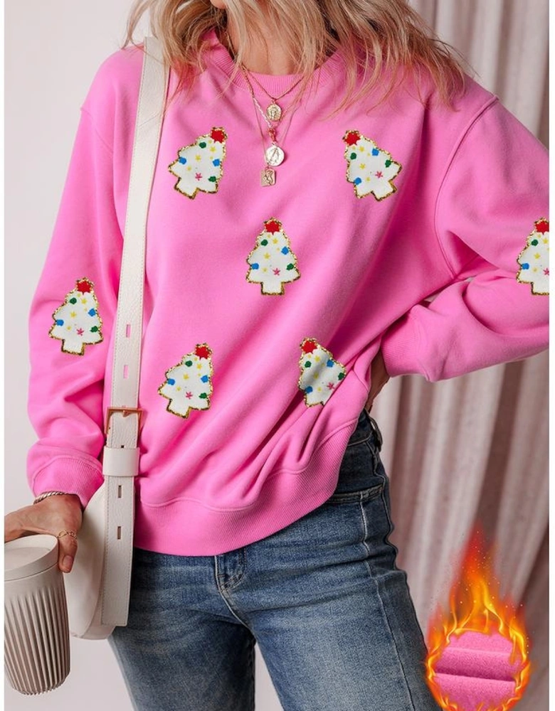 Bonbon Christmas Tree Patch Pattern Crew Neck Sweatshirt