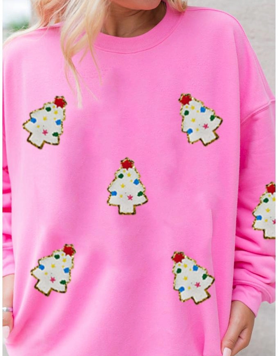 Bonbon Christmas Tree Patch Pattern Crew Neck Sweatshirt