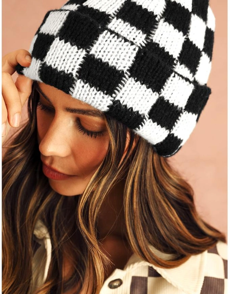 Azura Exchange Black Two Tone Checkered Folded Eaveless Beanie Cap