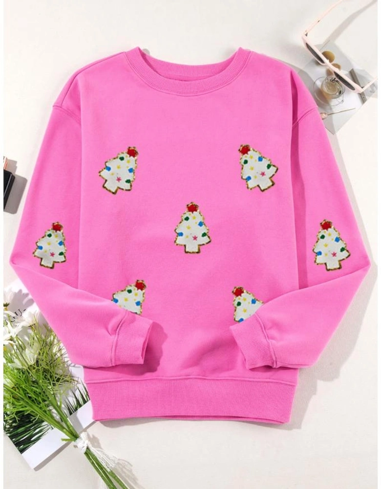 Bonbon Christmas Tree Patch Pattern Crew Neck Sweatshirt