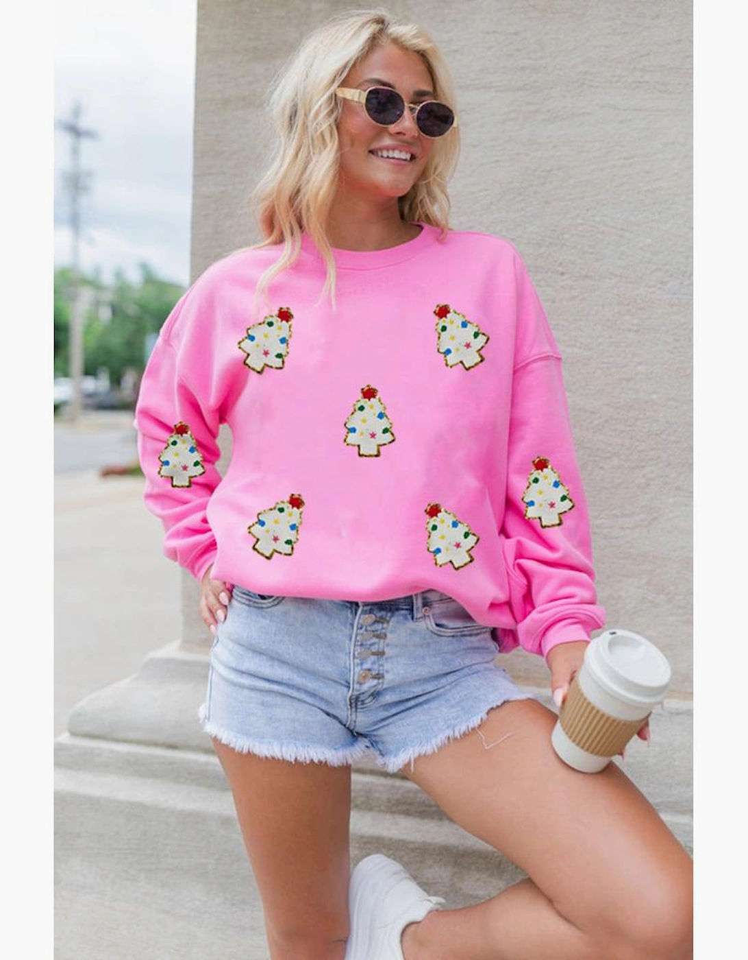Bonbon Christmas Tree Patch Pattern Crew Neck Sweatshirt