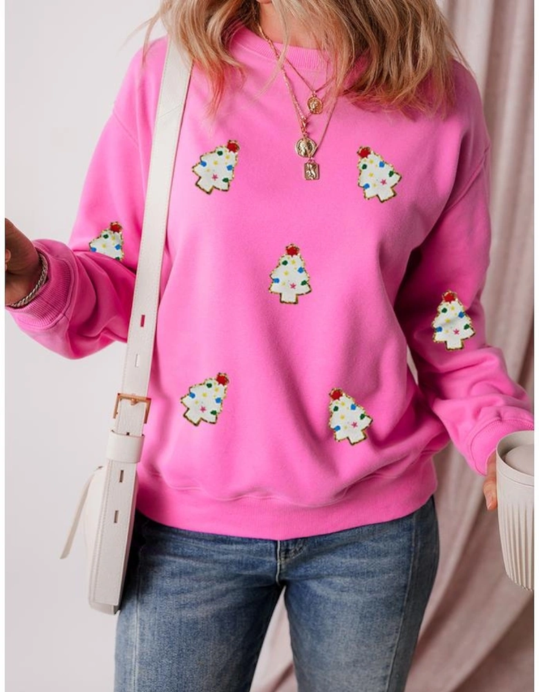 Bonbon Christmas Tree Patch Pattern Crew Neck Sweatshirt