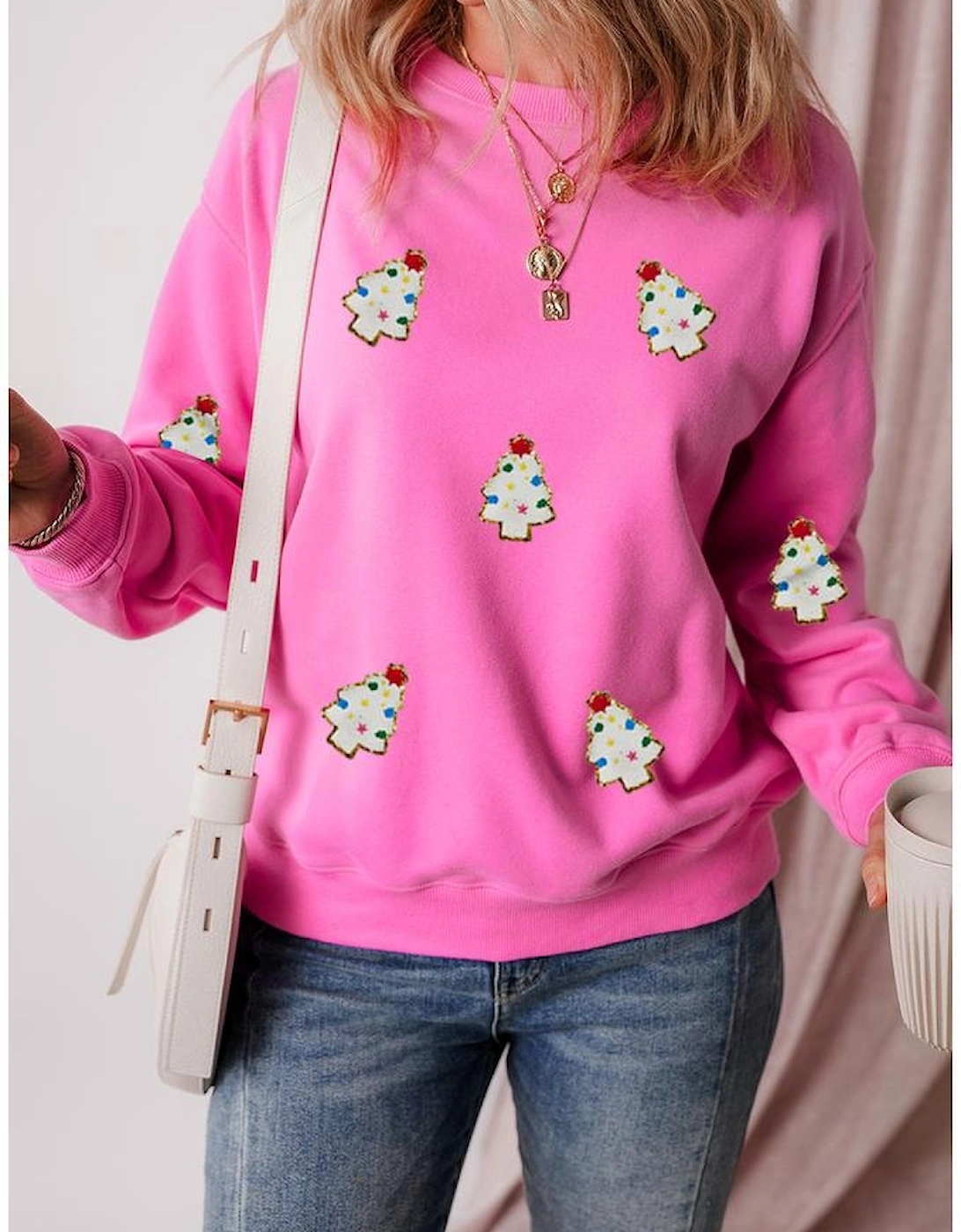 Bonbon Christmas Tree Patch Pattern Crew Neck Sweatshirt