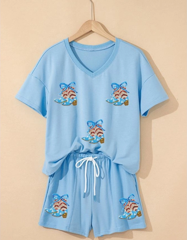 Myosotis Patriotic Sequin Boots Patched V Neck Tee Loose 2pcs Short Set