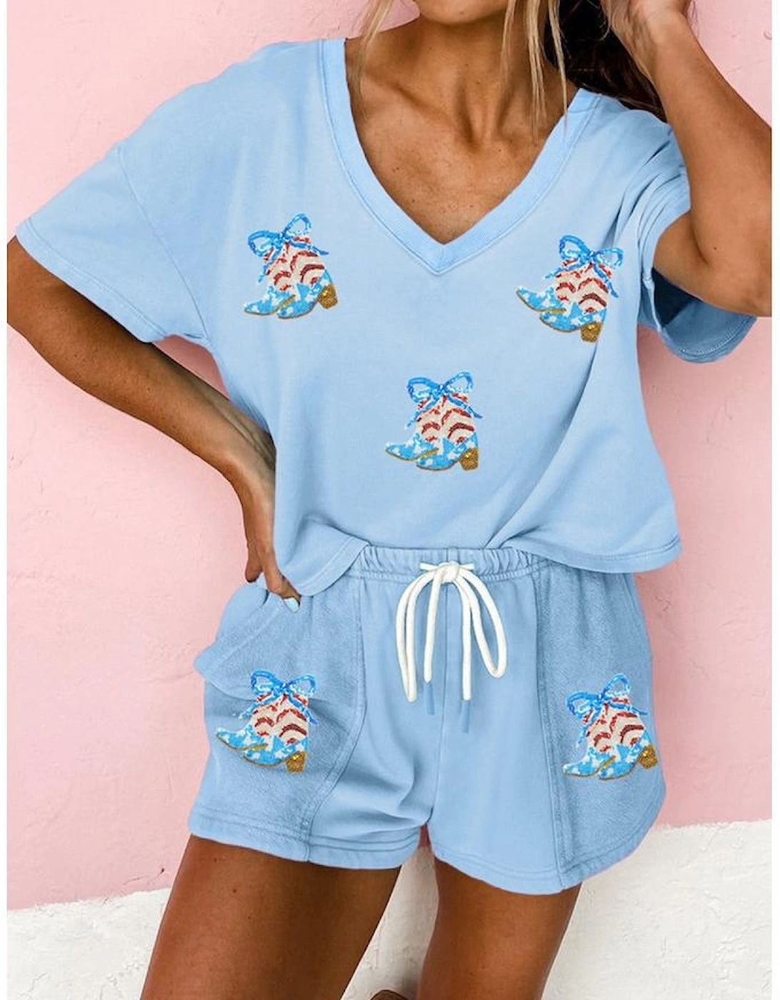 Myosotis Patriotic Sequin Boots Patched V Neck Tee Loose 2pcs Short Set