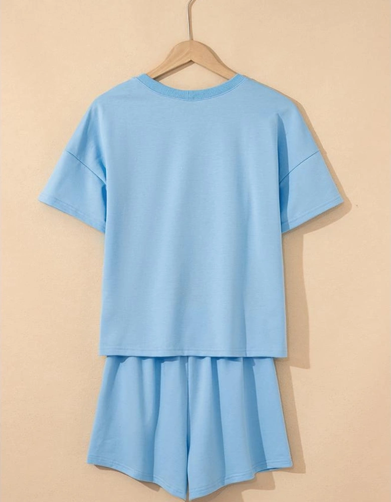 Myosotis Patriotic Sequin Boots Patched V Neck Tee Loose 2pcs Short Set