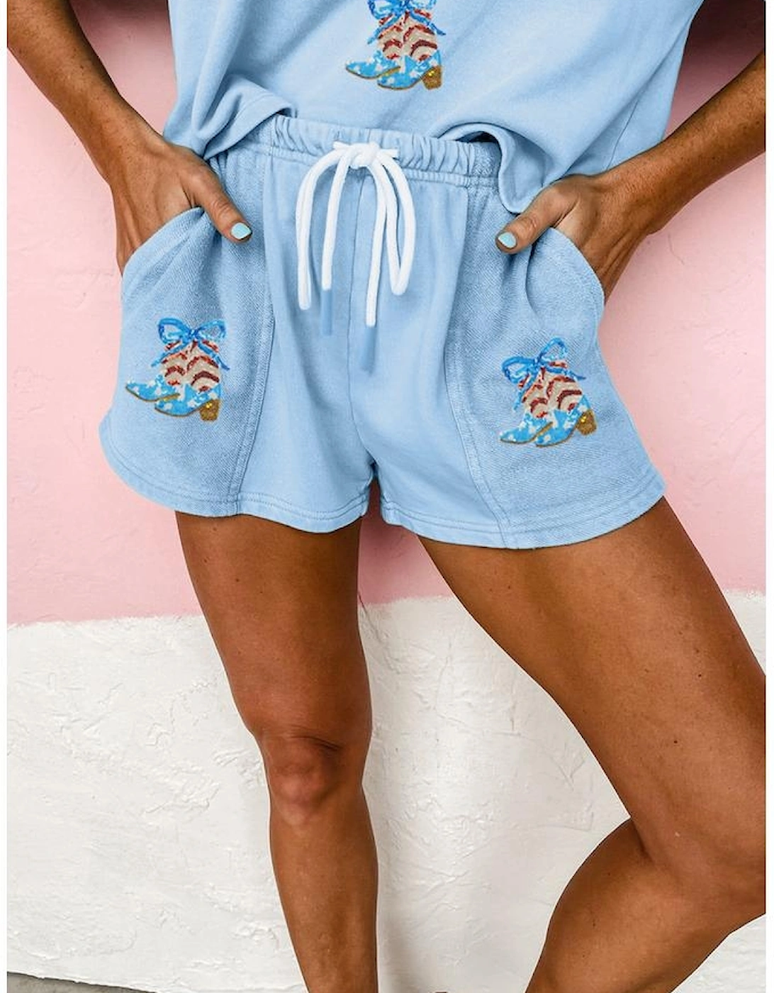 Myosotis Patriotic Sequin Boots Patched V Neck Tee Loose 2pcs Short Set