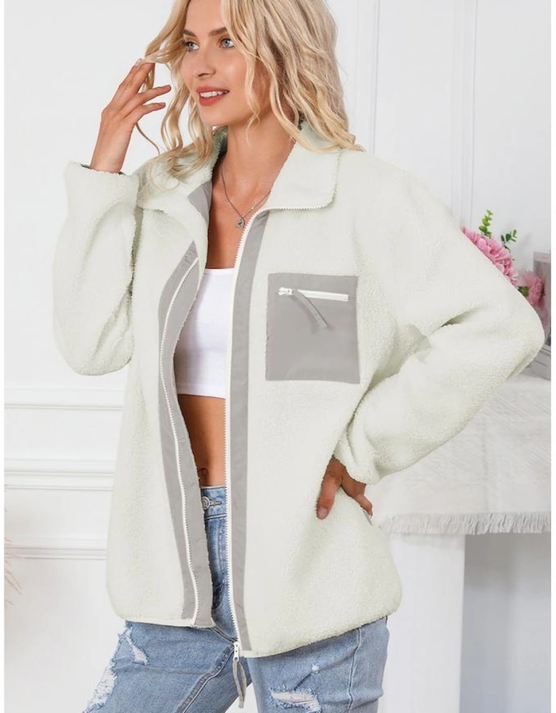 White Chest Pocket Full Zipper Fuzzy Fleece Jacket