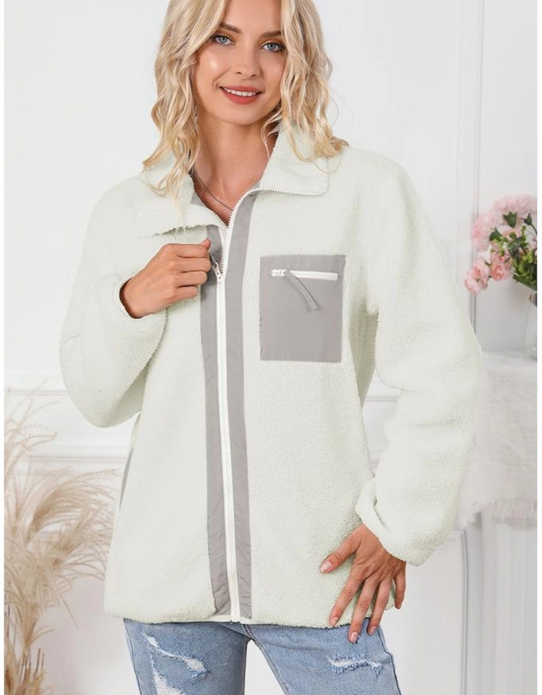 White Chest Pocket Full Zipper Fuzzy Fleece Jacket