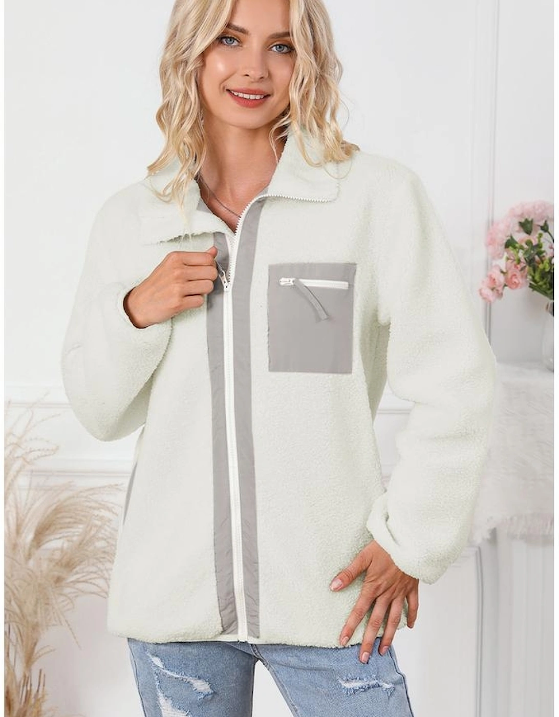 White Chest Pocket Full Zipper Fuzzy Fleece Jacket