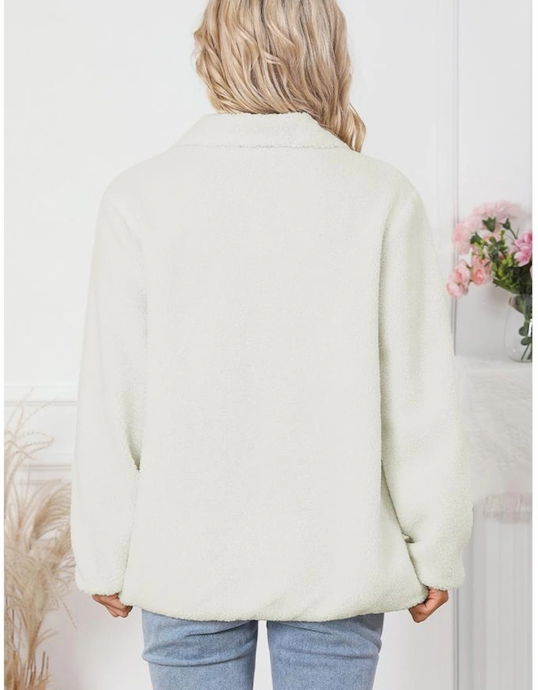 White Chest Pocket Full Zipper Fuzzy Fleece Jacket