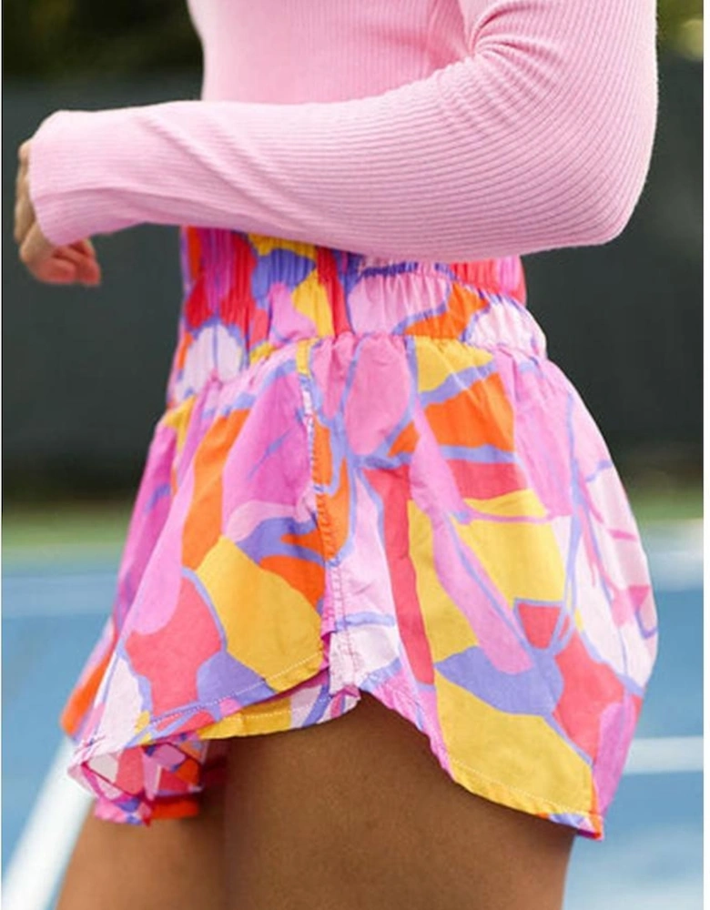 Purple Abstract Print Smock Waist Casual Shorts