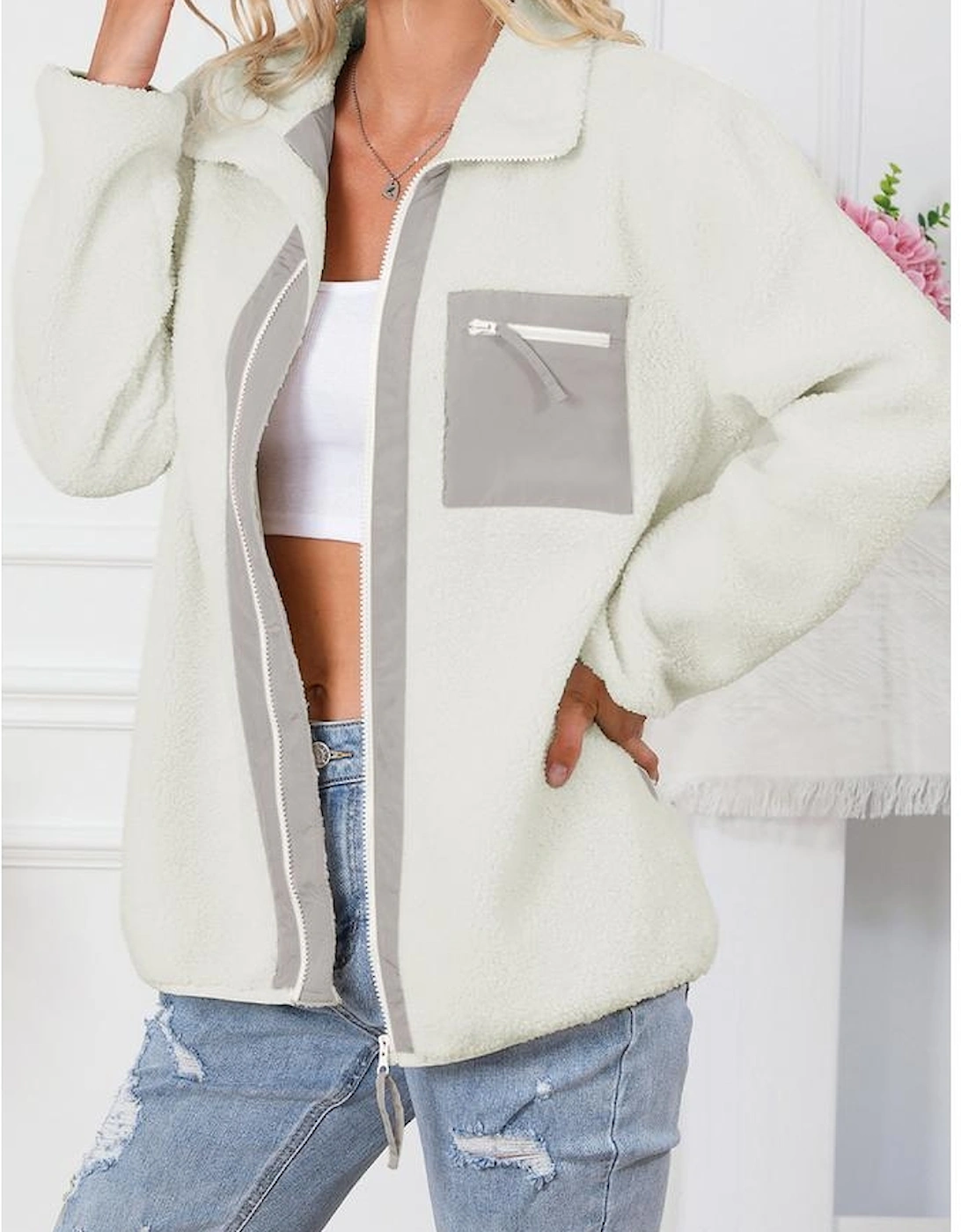 White Chest Pocket Full Zipper Fuzzy Fleece Jacket