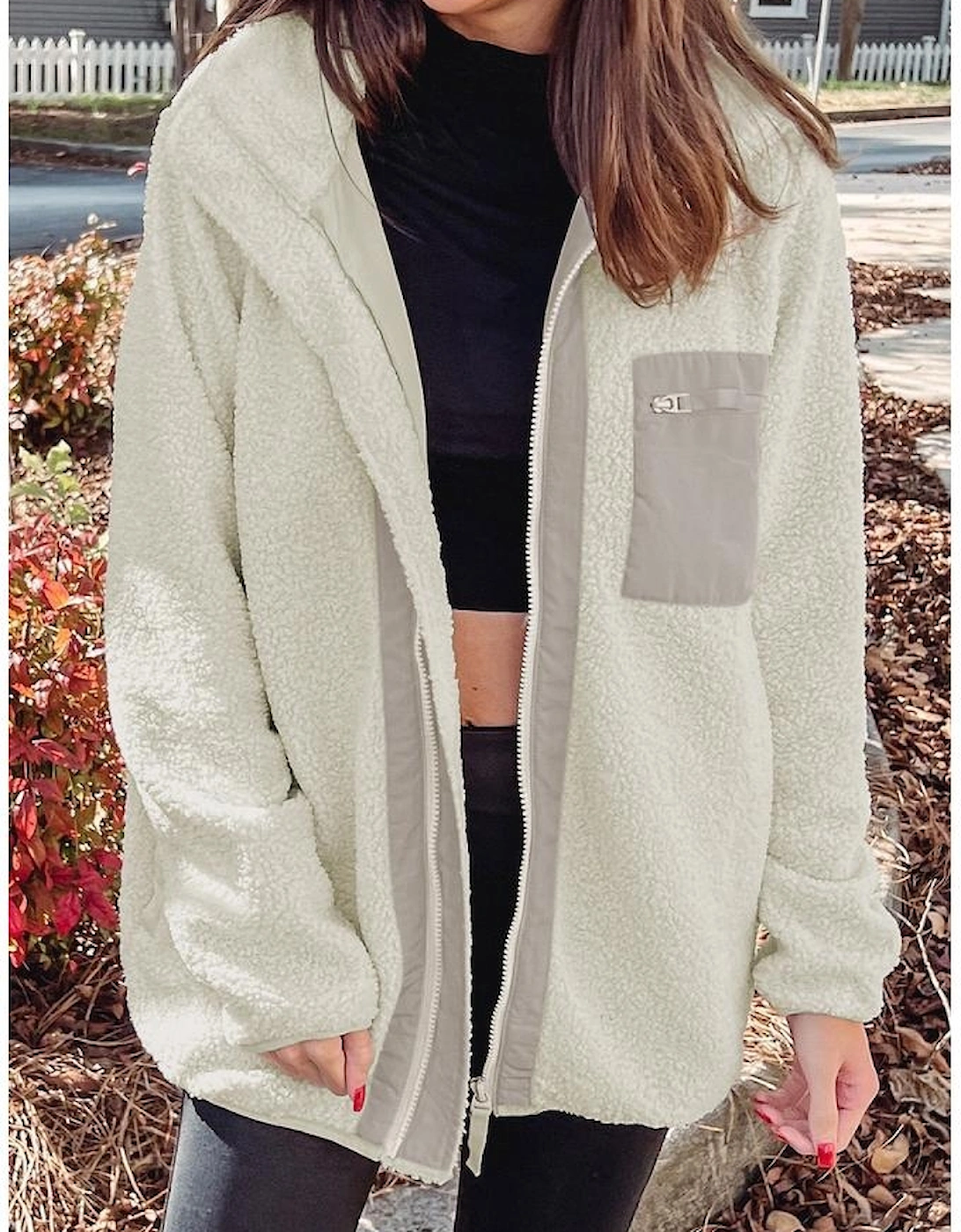 White Chest Pocket Full Zipper Fuzzy Fleece Jacket