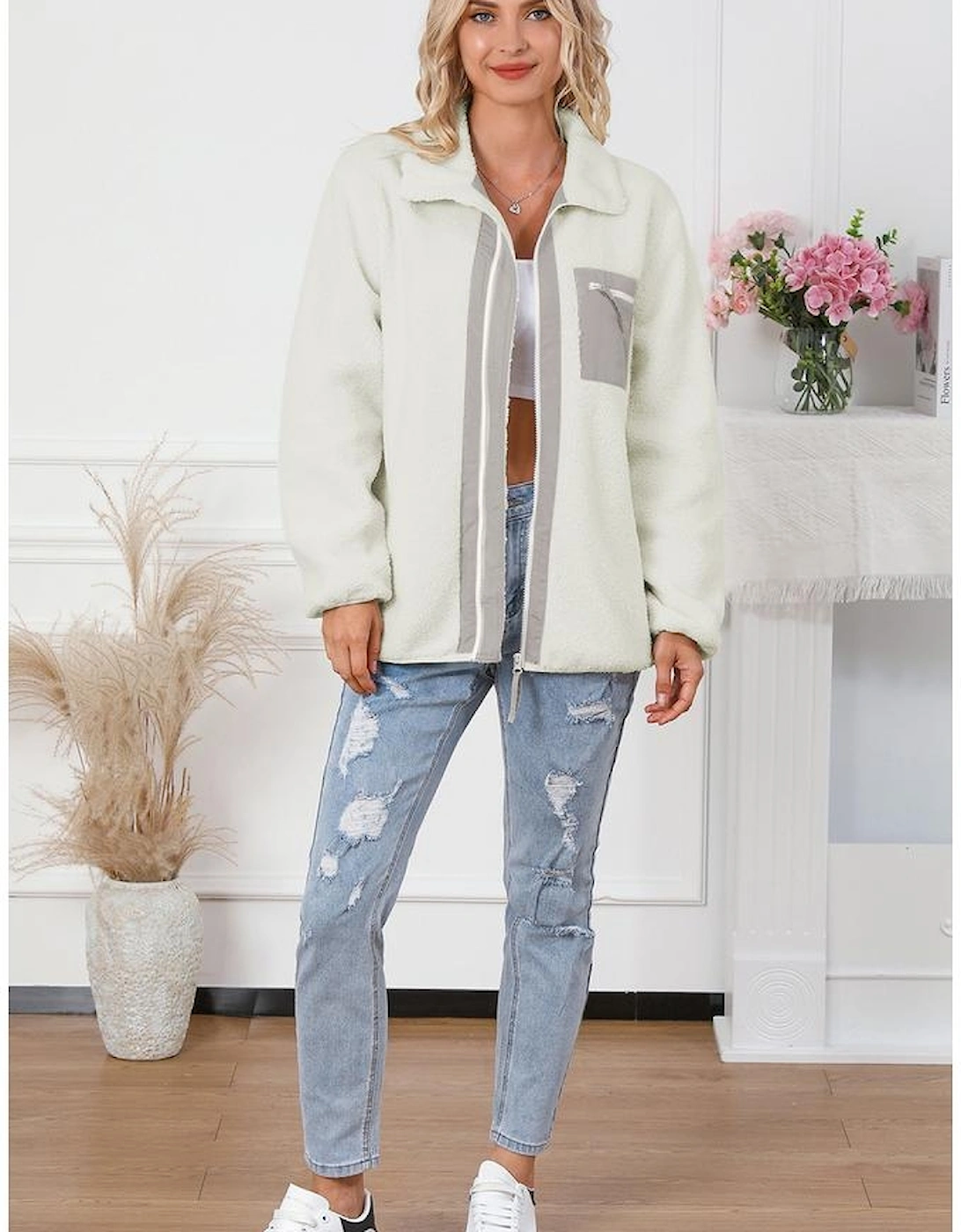 White Chest Pocket Full Zipper Fuzzy Fleece Jacket