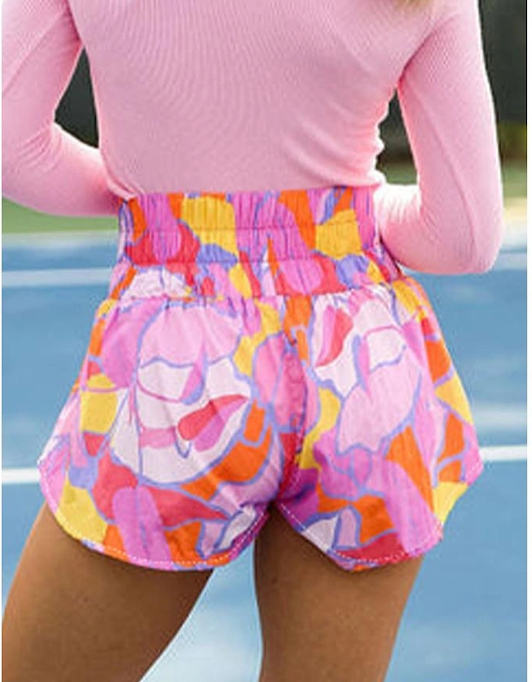 Purple Abstract Print Smock Waist Casual Shorts