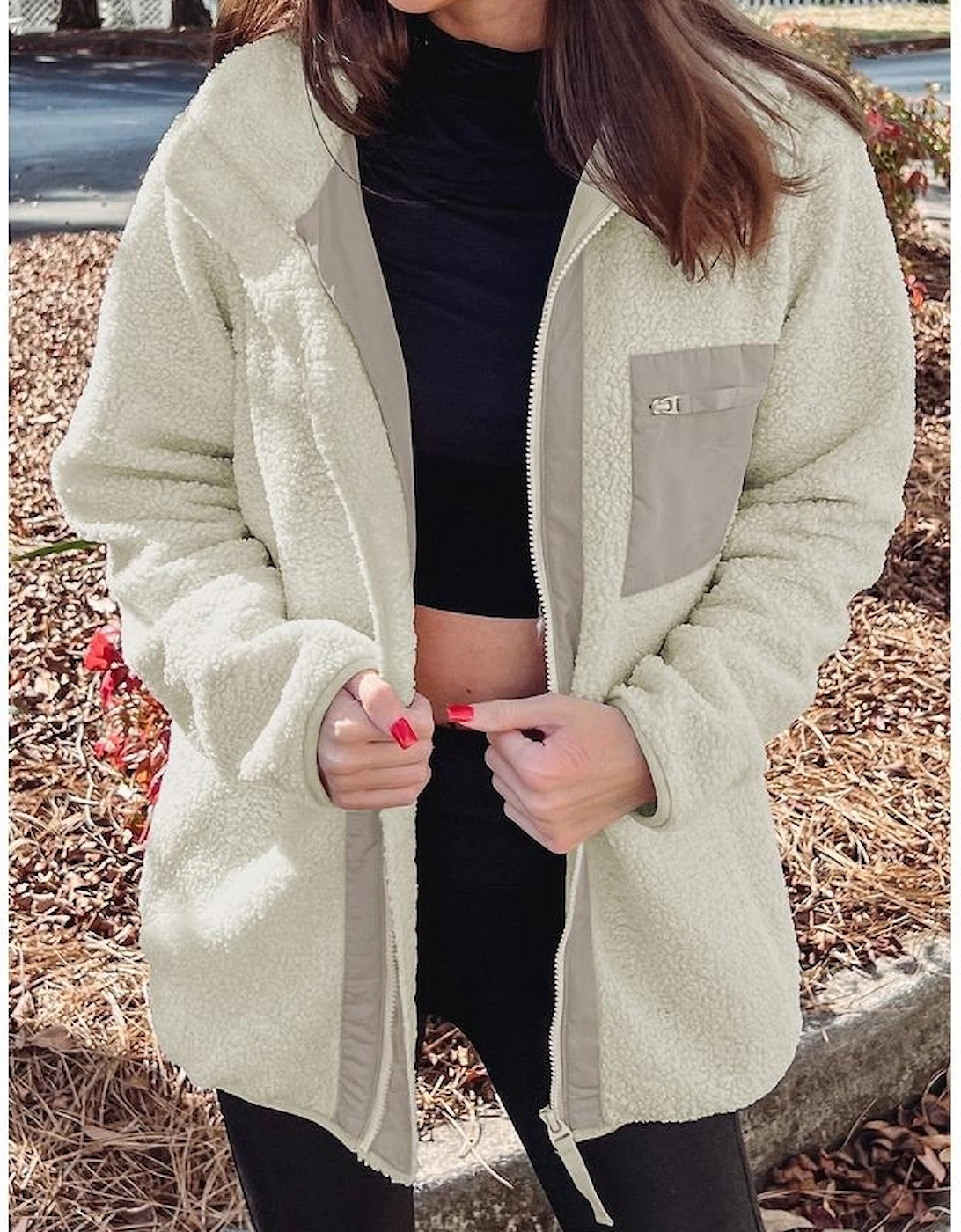 White Chest Pocket Full Zipper Fuzzy Fleece Jacket