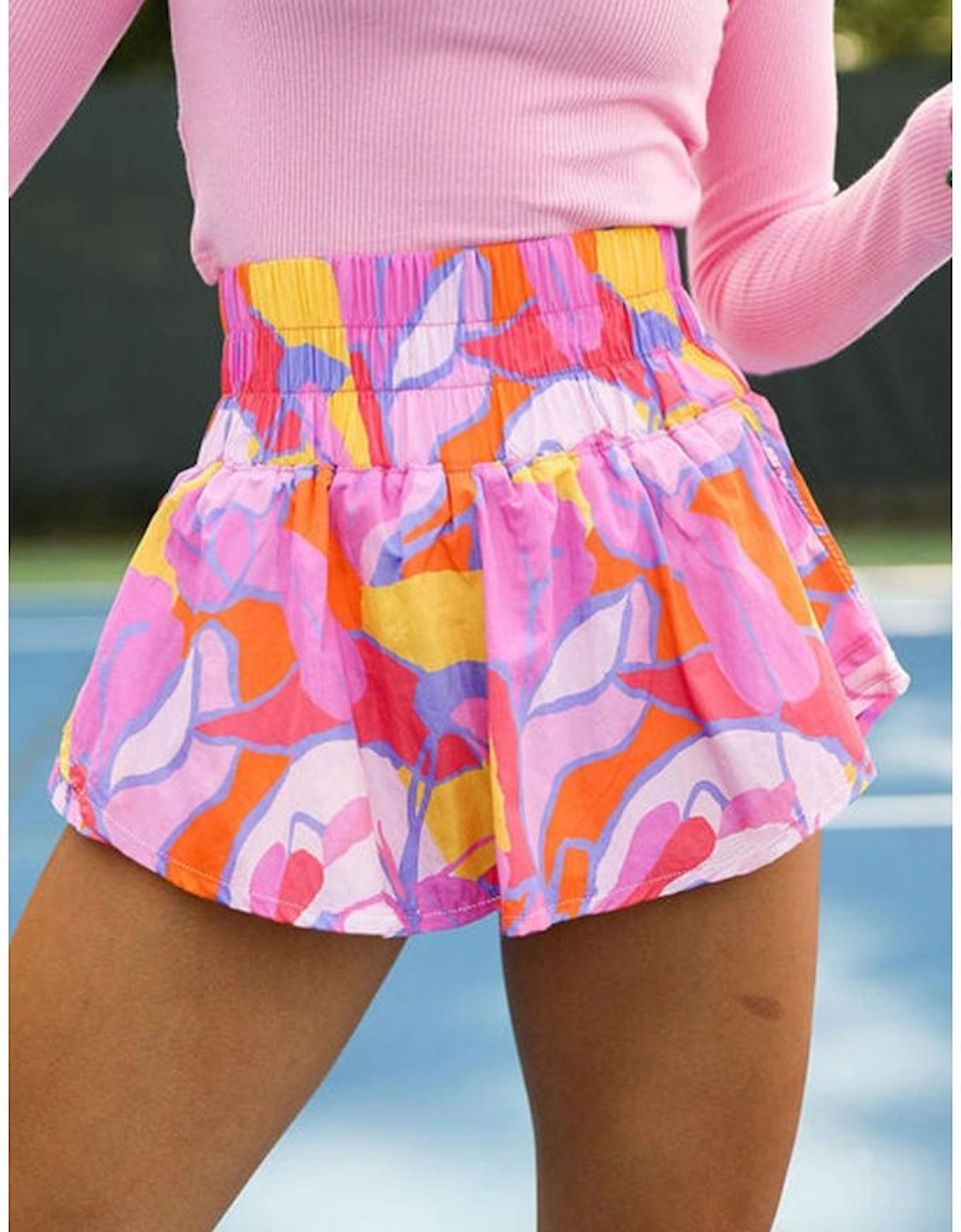 Purple Abstract Print Smock Waist Casual Shorts