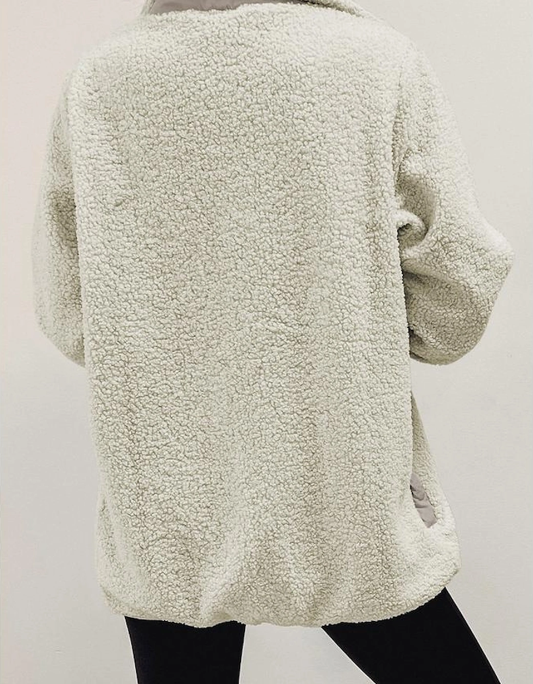 White Chest Pocket Full Zipper Fuzzy Fleece Jacket