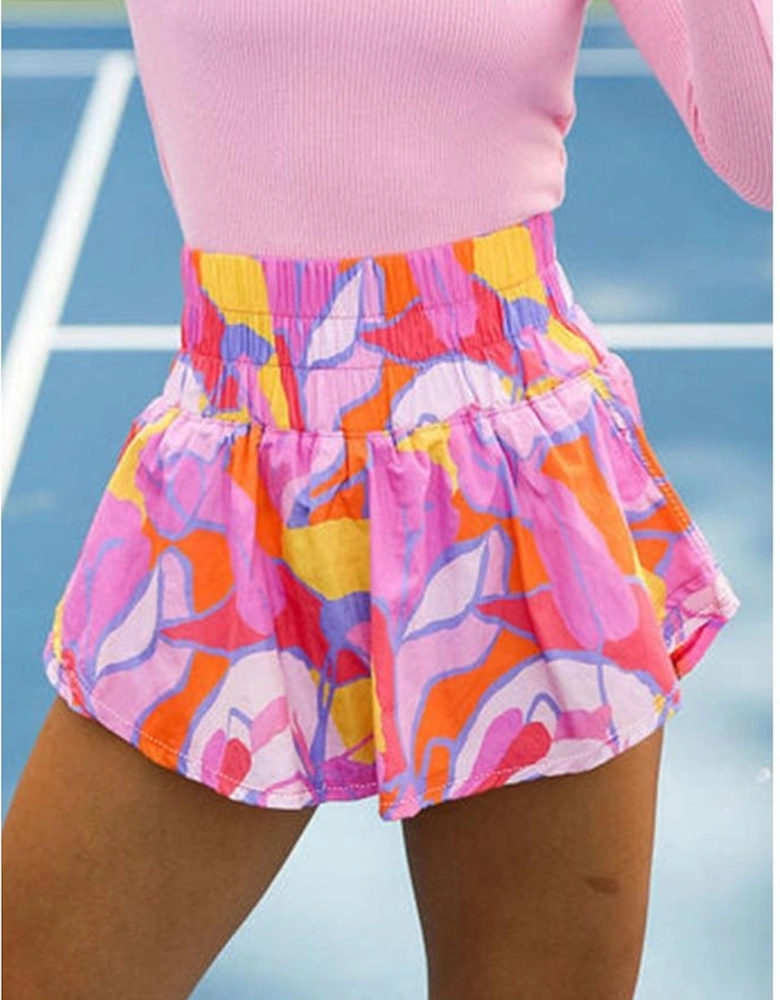 Purple Abstract Print Smock Waist Casual Shorts