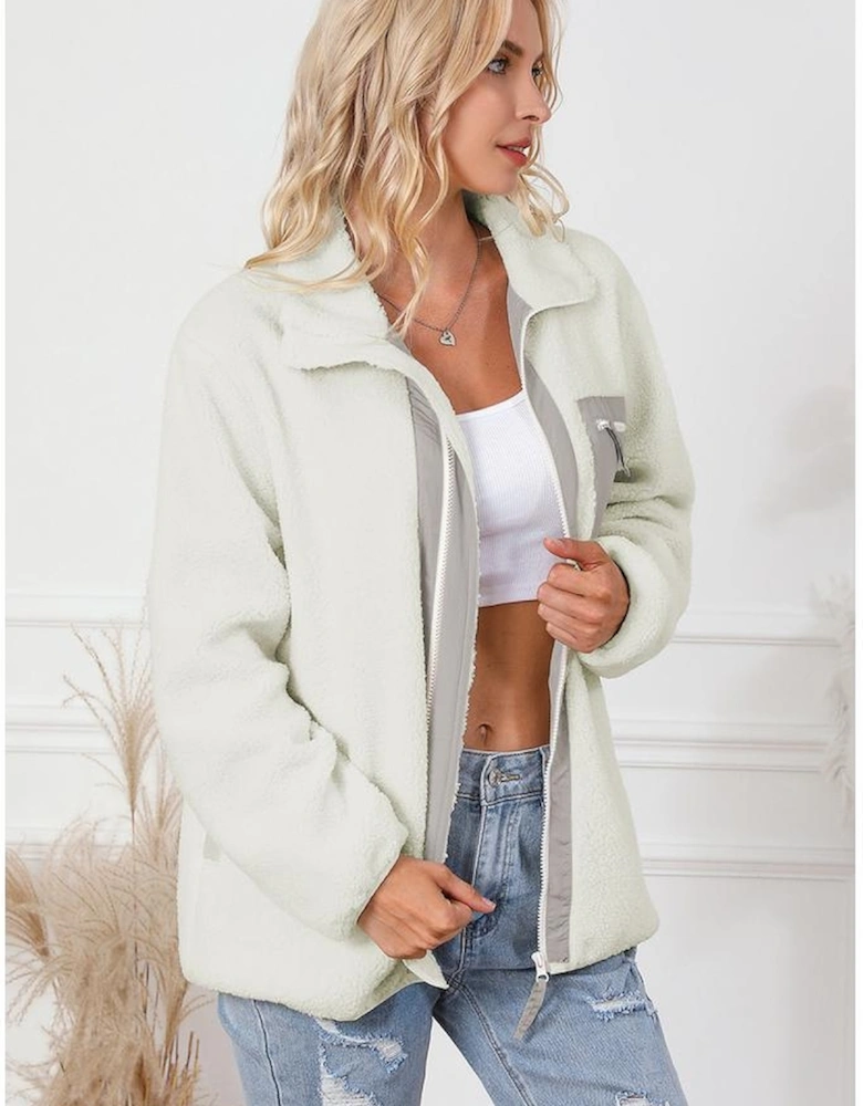 White Chest Pocket Full Zipper Fuzzy Fleece Jacket