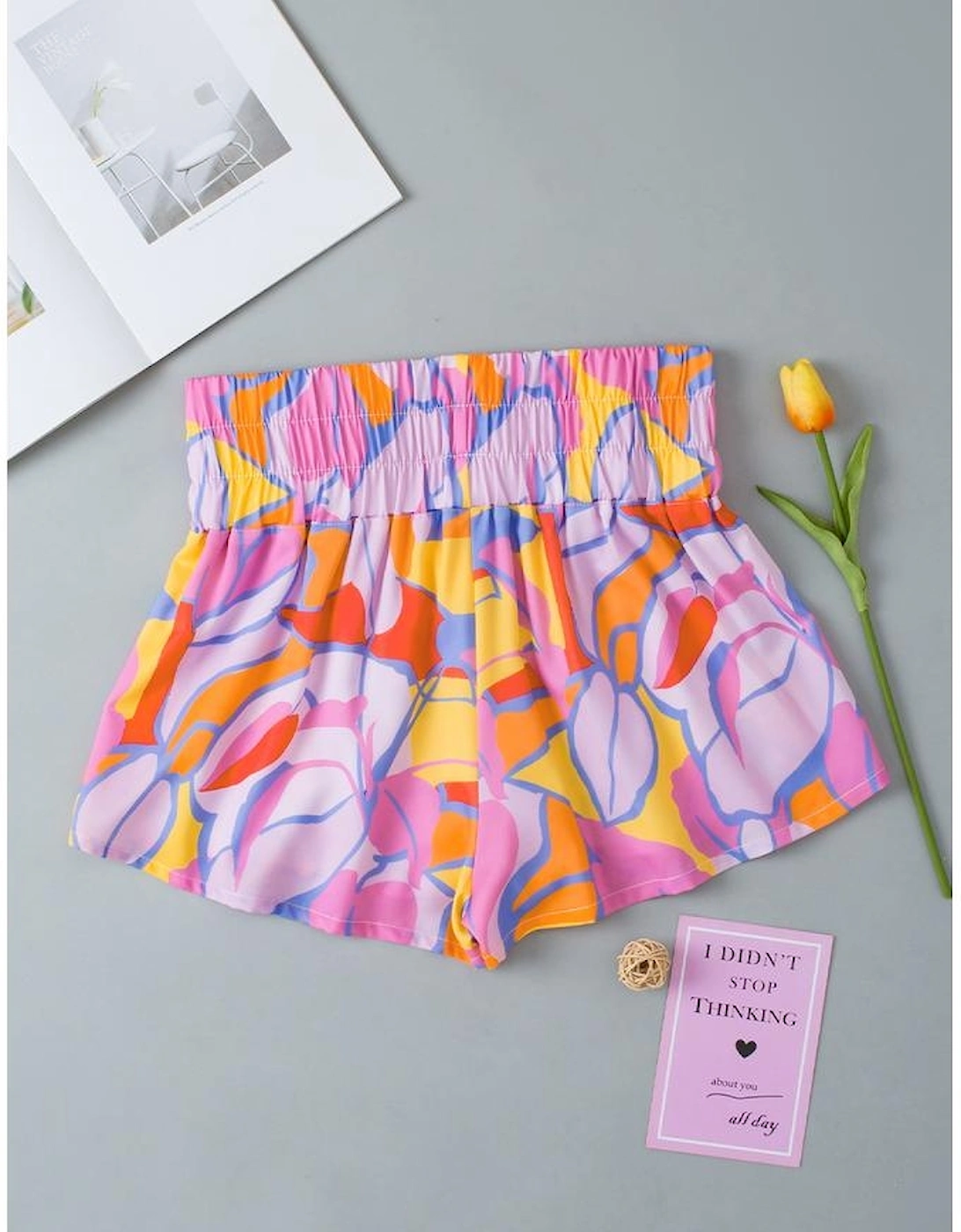 Purple Abstract Print Smock Waist Casual Shorts