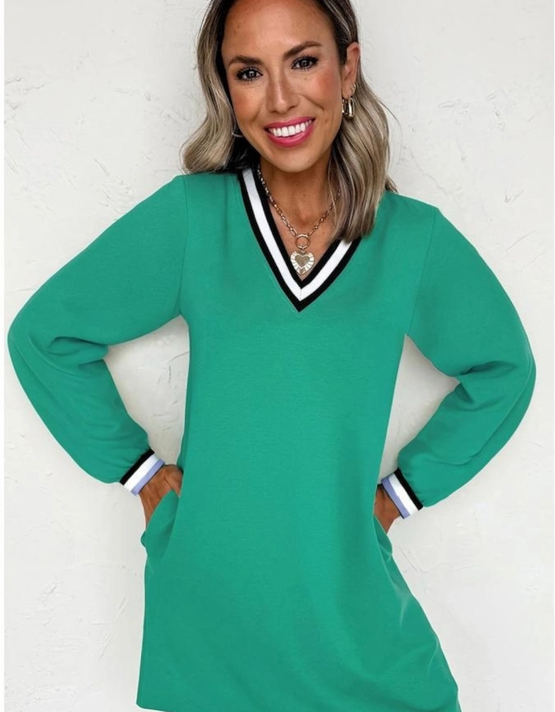 Mint Green Varsity Contrast Striped V Neck Long Sleeve T Shirt Dress with Pockets