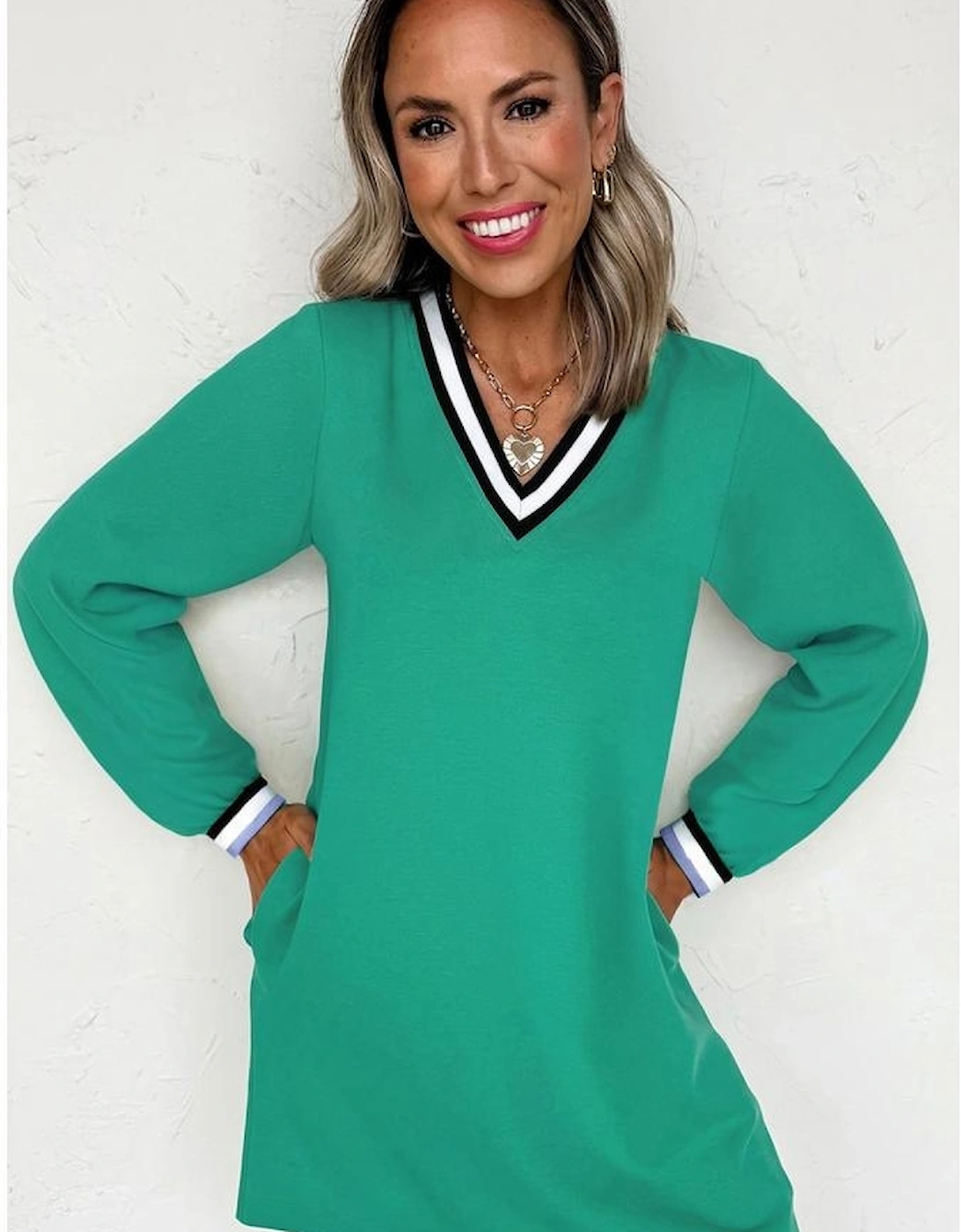Mint Green Varsity Contrast Striped V Neck Long Sleeve T Shirt Dress with Pockets, 12 of 11