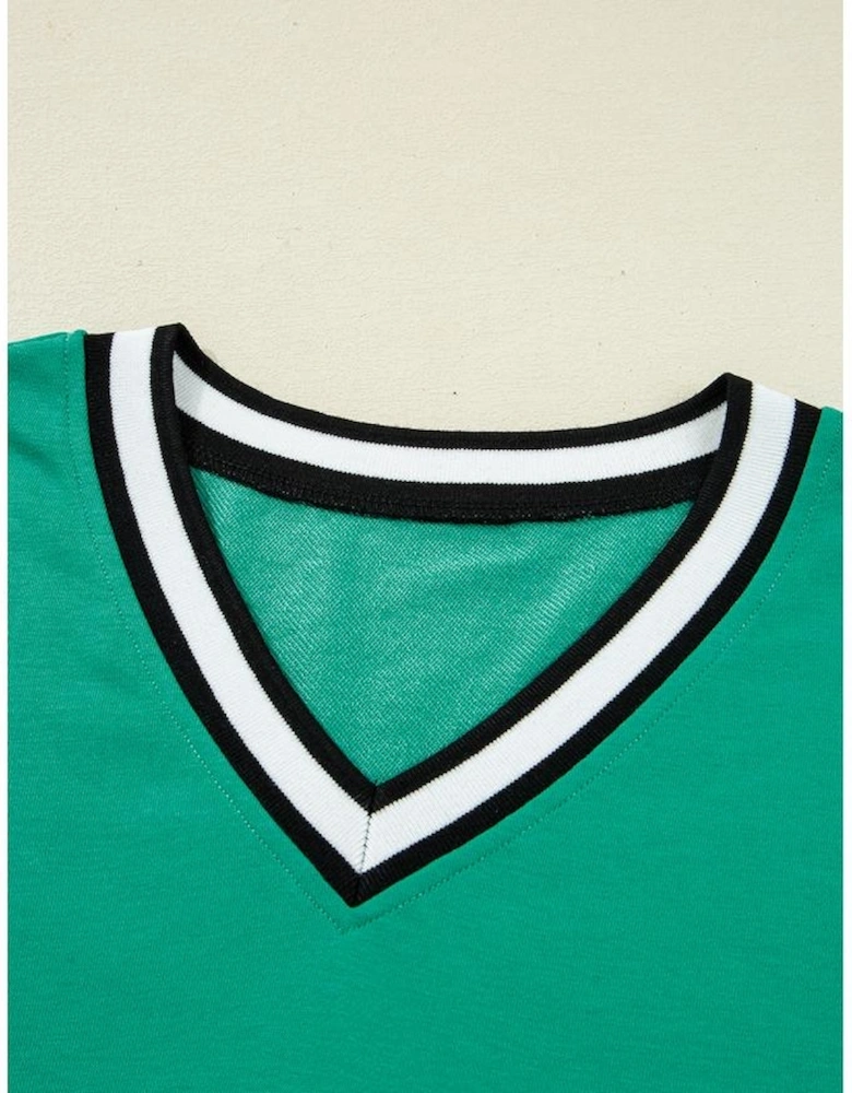 Mint Green Varsity Contrast Striped V Neck Long Sleeve T Shirt Dress with Pockets