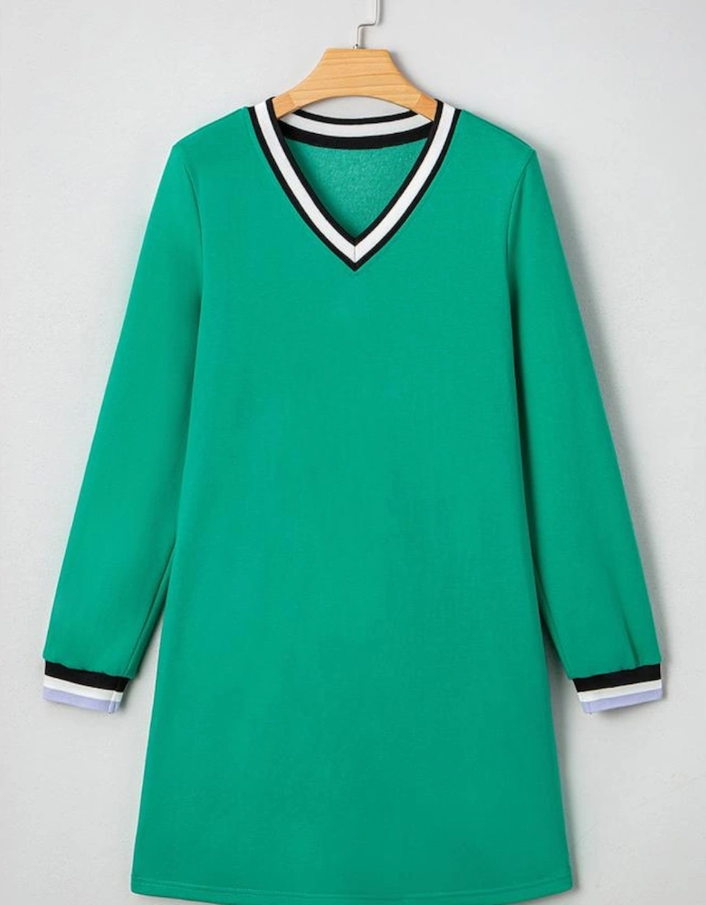 Mint Green Varsity Contrast Striped V Neck Long Sleeve T Shirt Dress with Pockets