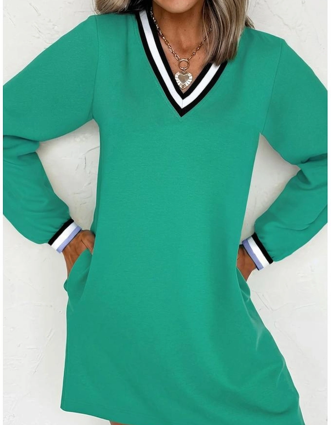 Mint Green Varsity Contrast Striped V Neck Long Sleeve T Shirt Dress with Pockets