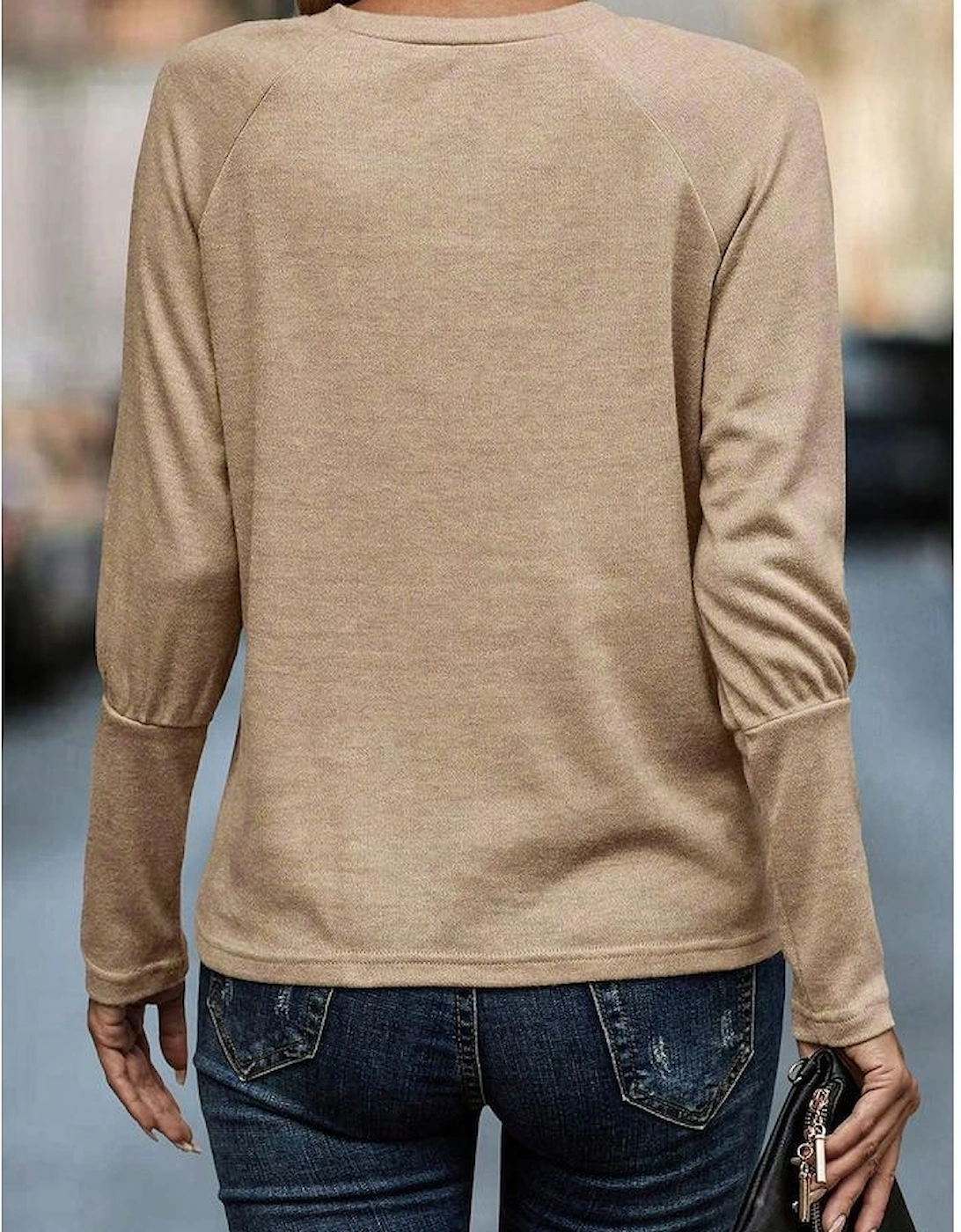 Pale Khaki Solid Ruched Raglan Sleeve Knit Top, 4 of 3