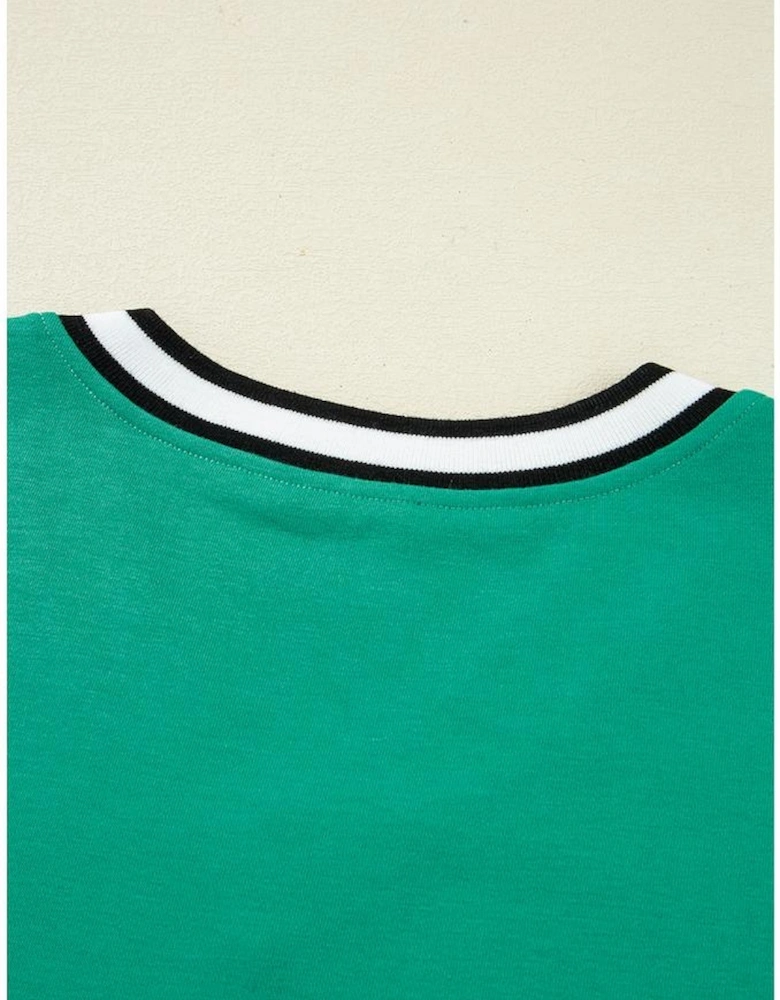 Mint Green Varsity Contrast Striped V Neck Long Sleeve T Shirt Dress with Pockets