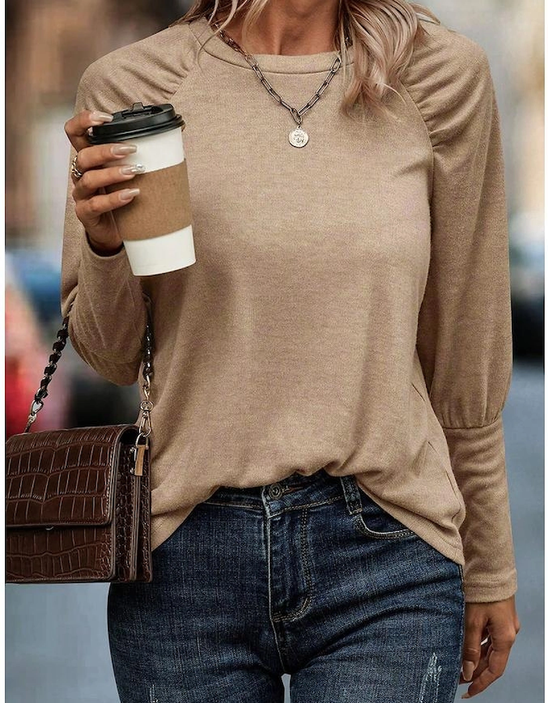 Pale Khaki Solid Ruched Raglan Sleeve Knit Top