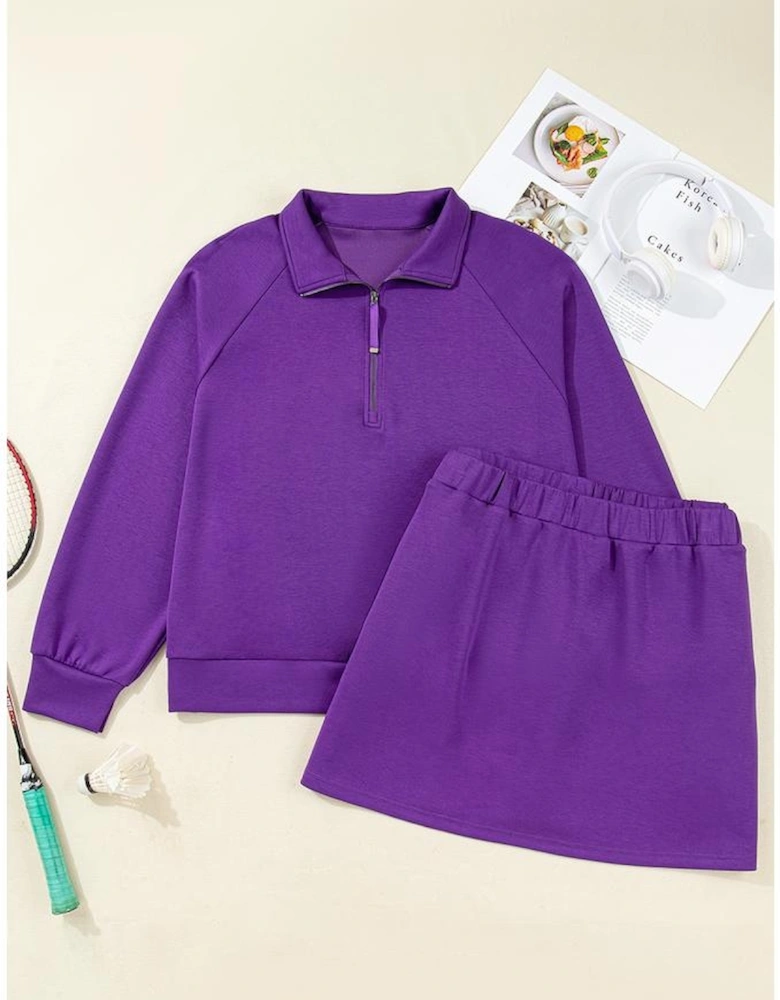 Wisteria Collar Half Zip Pullover Mini Skirt Plus Size 2pcs Set