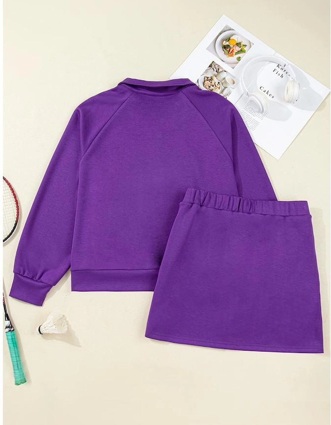 Wisteria Collar Half Zip Pullover Mini Skirt Plus Size 2pcs Set
