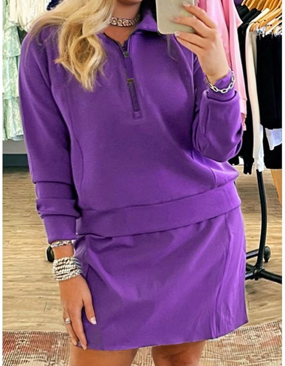 Wisteria Collar Half Zip Pullover Mini Skirt Plus Size 2pcs Set