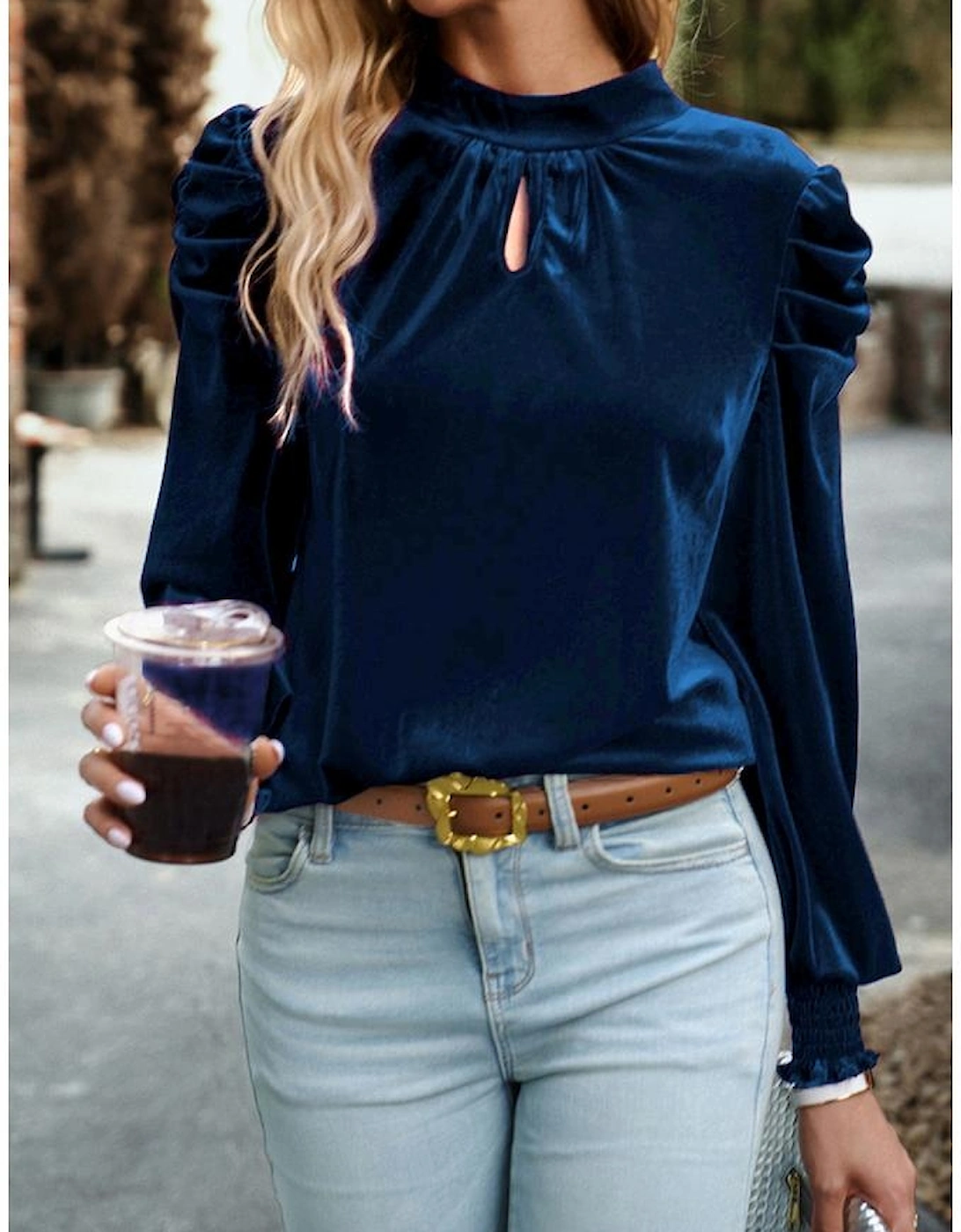 Sky Blue Fiery Mock Neck Puff Sleeve Velvet Blouse