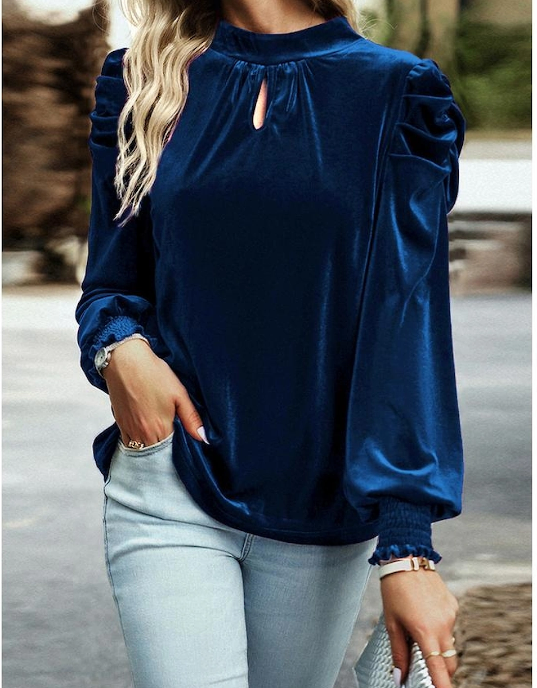 Sky Blue Fiery Mock Neck Puff Sleeve Velvet Blouse