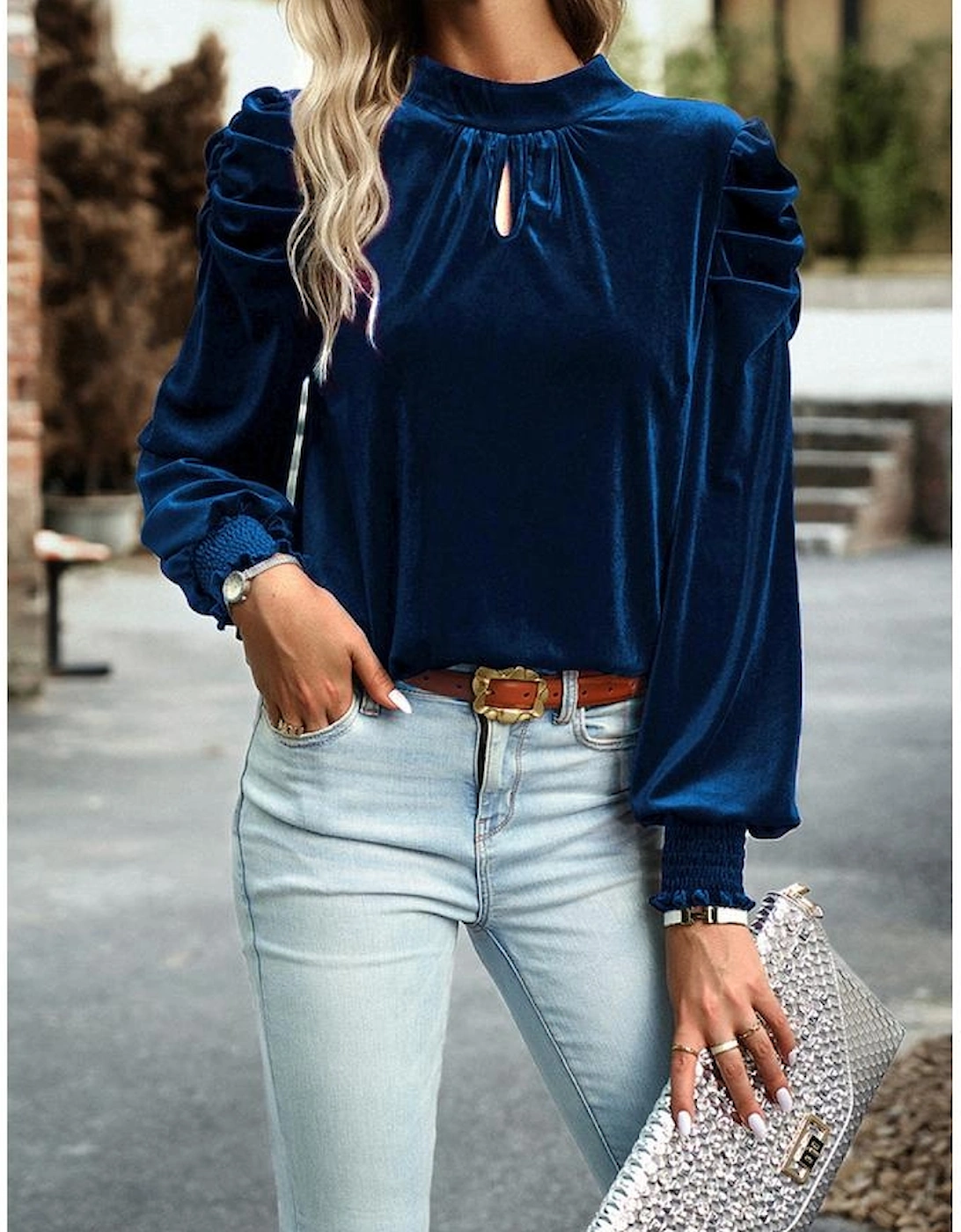 Sky Blue Fiery Mock Neck Puff Sleeve Velvet Blouse