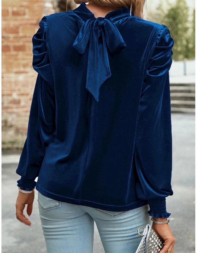 Sky Blue Fiery Mock Neck Puff Sleeve Velvet Blouse